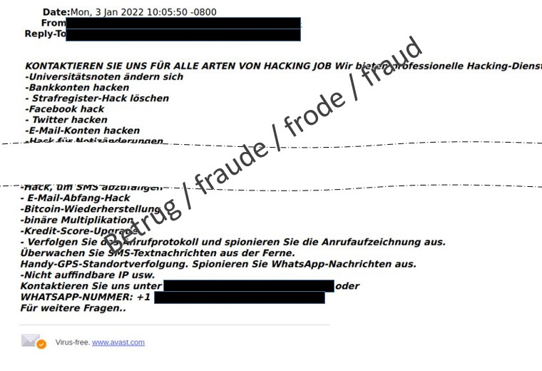 In der Mail angebotene Dienstleistungen.