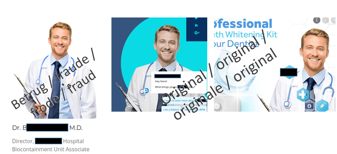 Links: Das verwendete Stockfoto mit den Angaben zum angeblichen Arzt des Spitals. Rechts: Zwei Verwendungen desselben Stockfotos für andere Werbungen.