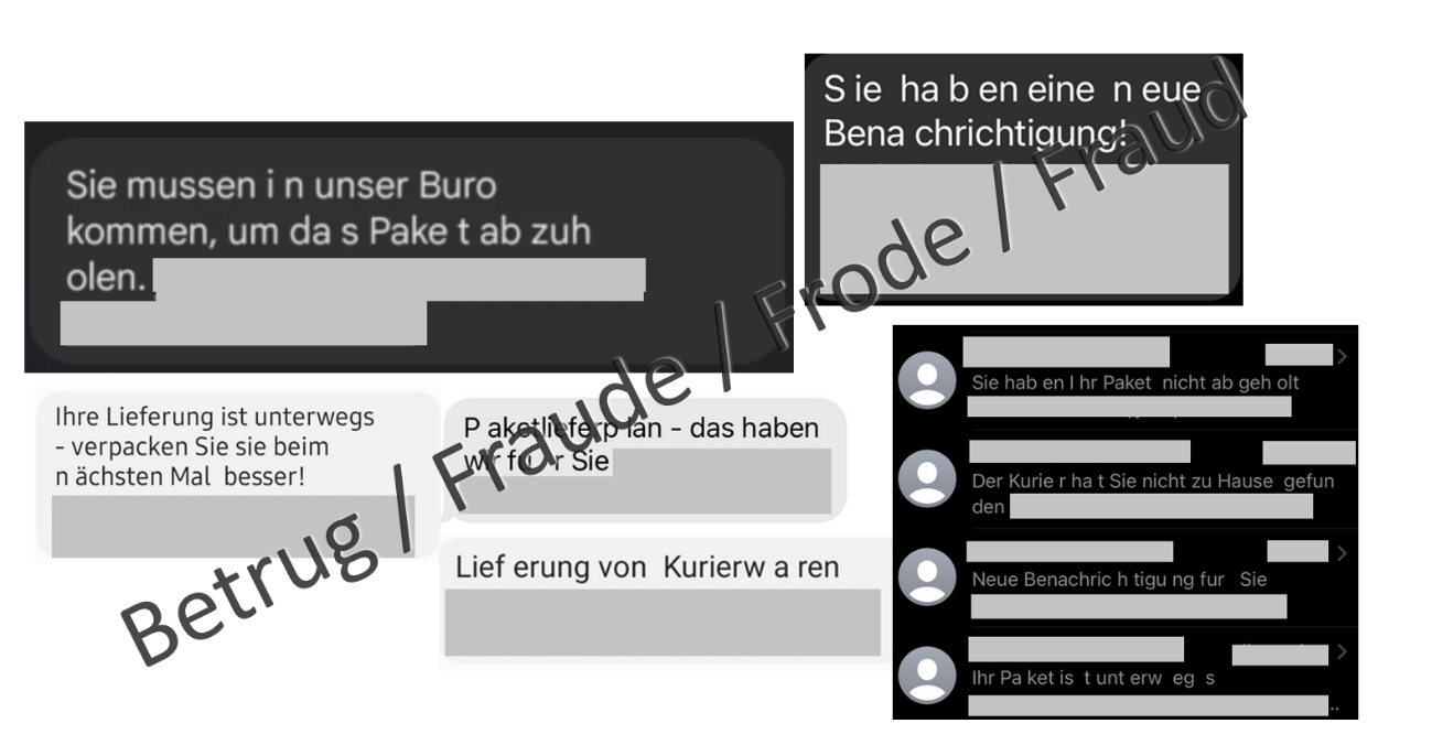 Beispiele versendeter SMS-Texte mit angeblichen Paketbenachrichtigungen