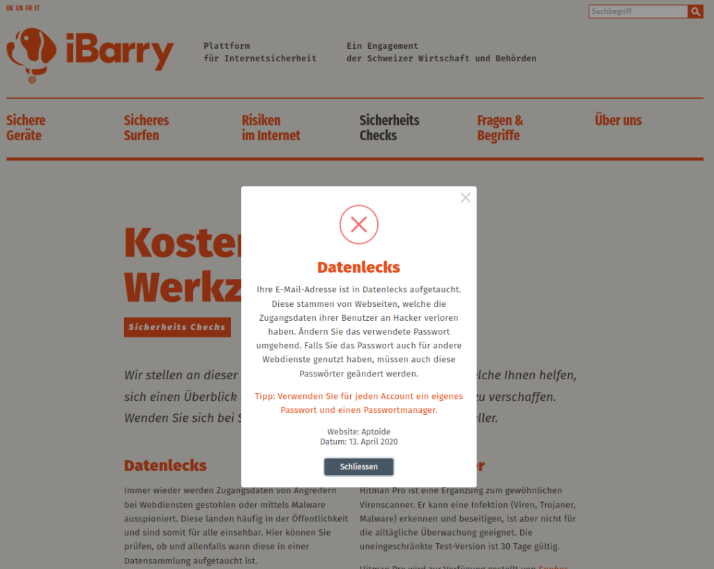 Die Website iBarry ermöglicht es, eine E-Mail-Adresse auf bekannte abgeflossene Daten zu prüfen. Hier mit dem Hinweis auf den Datenabfluss bei «Aptoide».