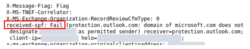 Ausschnitt aus dem E-Mail Header: rot umrandet der Test von Outlook und das negative Resultat (Fail).