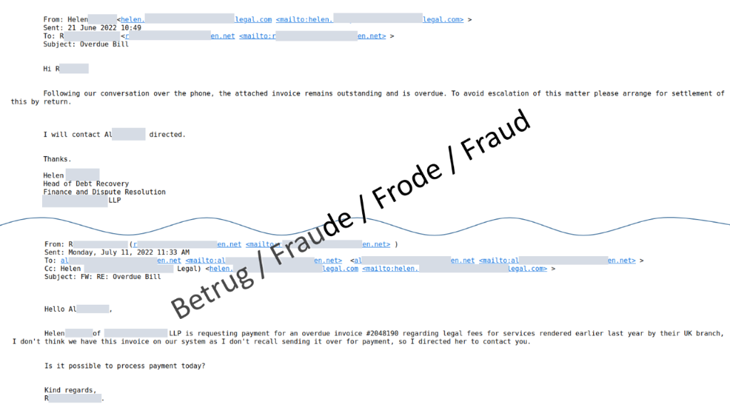Die gefälschte Kommunikation zwischen dem CEO und «Helen» vom angeblichen Anwaltsbüro. Alle E-Mail-Adressen sind korrekt.