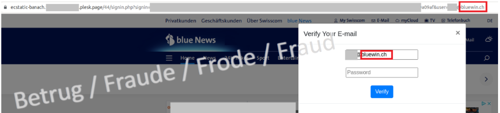 Beispiel für eine gezielte Phishing E-Mail. Bei der Eingabe einer E-Mail-Adresse mit der Domäne «bluewin.ch» im Link, wird im Hintergrund die Webseite von bluewin geladen.