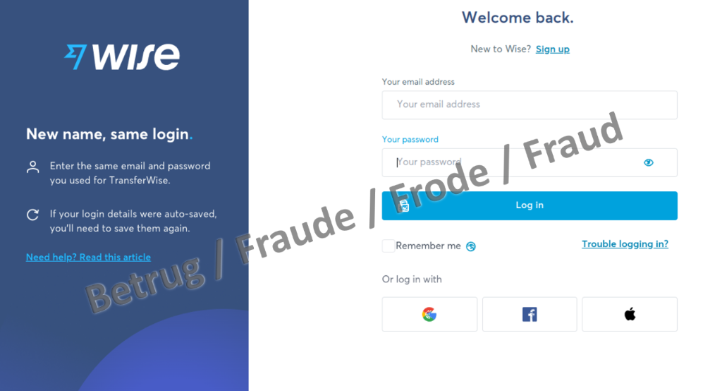 Phishing-Seite mit Missbrauch der Smartphone-Bank «WISE» - es handelt sich um eine 1:1 Kopie der originalen Webseite.