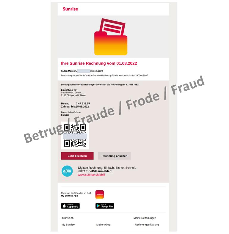 Phishing-Seite mit QR-Code und Link auf eine Fake-Rechnung.