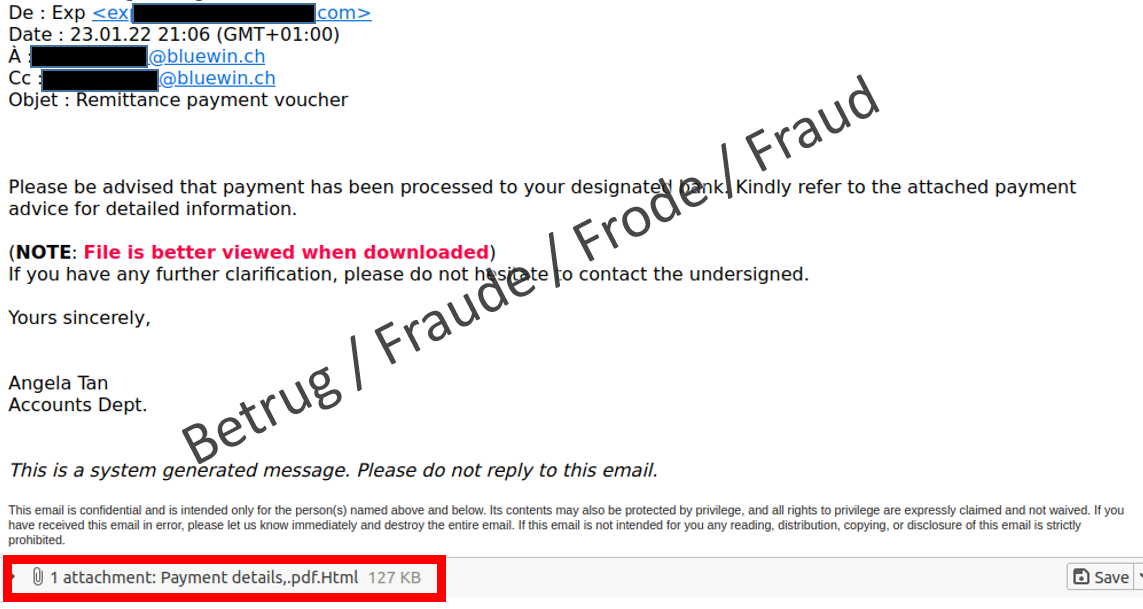 Phishing-E-Mail mit angeblichem PDF-Anhang, welcher sich als HTML entpuppt.