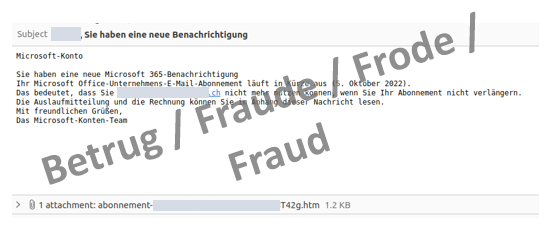 Phishing-Mail mit dem .htm-Attachment, welches den Login Screen anzeigt und auch den Link auf die Phishing-Domäne enthält.