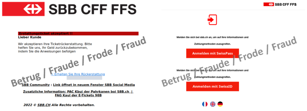 Im linken Bild ist der Text in der E-Mail mit einer falsch gescannten Fussnote sichtbar, im rechten Bild ist die Phishing-Seite für die Login-Daten von SwissPass oder SwissID dargestellt.  