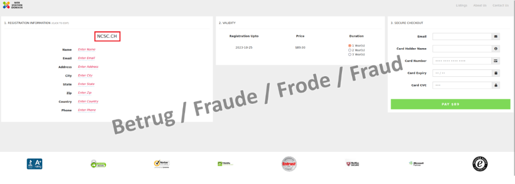 Phishing-Seite, personalisiert auf die entsprechende Domäne: Zur Anschauung hat das NCSC hat in diesem Fall den Phishing-Link mit seiner Domäne ergänzt. Entsprechend erscheint dieser auf der Registrationsseite (links rot umrandet).