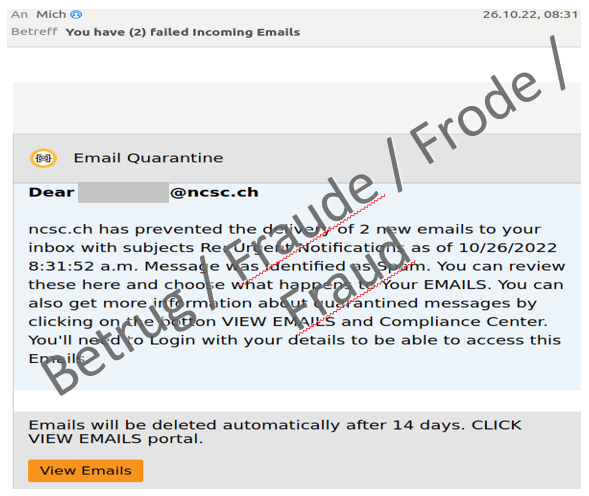 Beispiel einer Phishing-E-Mail, die an das NCSC gerichtet ist.