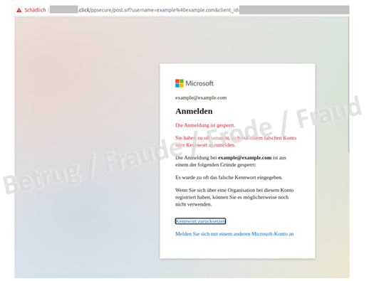 Sperrmeldung im gefälschten Microsoft Office 365-Anmeldefenster mit der Aufforderung, das Kennwort zurückzusetzen. 