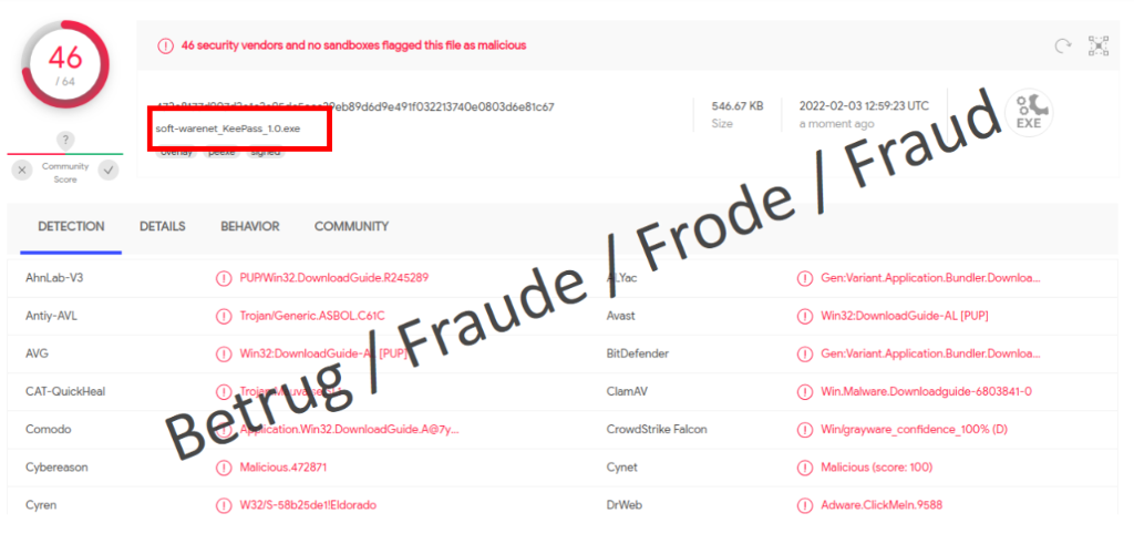 46 Antiviren-Programme stufen die Datei als schädlich ein (Quelle virustotal.com)
