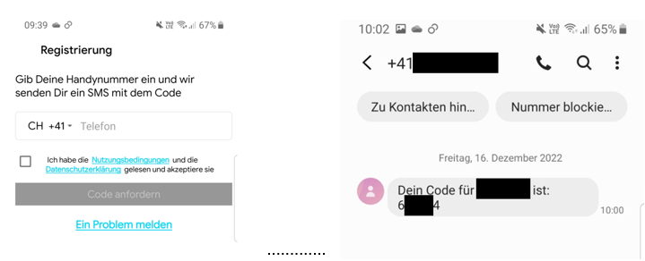 Registrierungsprozess mit Telefonnummer für eine Smartphone-App, rechts der Erhalt des Prüf-Codes.