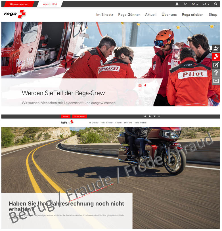 Oben: Webseite der Rettungsfahrtwacht Unten: Webseite der Schweizerischen Rettungsflugwacht. Die Ähnlichkeiten der beiden Websites dürfte kein Zufall sein.