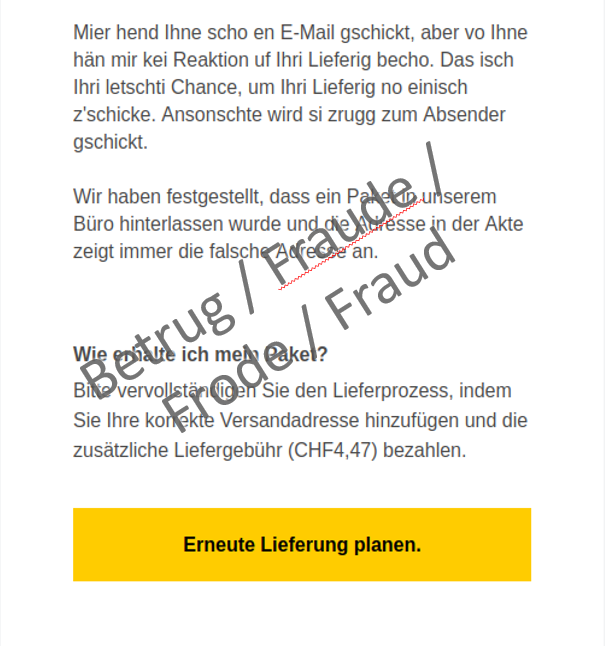 Gefälschte Paketnotifikation in Schweizerdeutsch