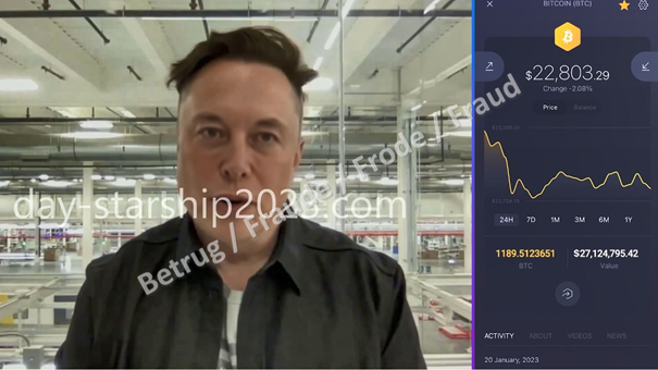 Deepfake-Video mit Elon Musk. Neben dem Bild wurde auch die Stimme mit DeepFake erstellt. Die Webseite ist inzwischen offline.