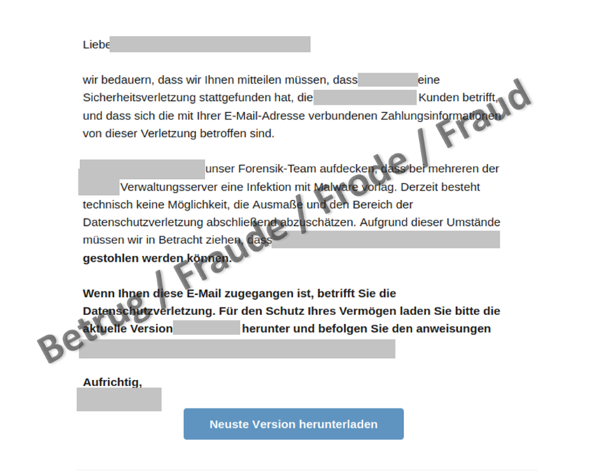 E-Mail mit persönlicher Anrede und der Information über einen Sicherheitsvorfall und mit der Aufforderung eine neue Software-Version herunterzuladen