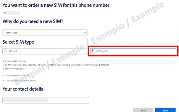 Bestellmaske eines Telefon-Providers. Als Bestellmöglichkeit bietet sich die eSIM an. Da über das Portal auch die Adresse gewechselt werden kann, könnten sich die Angreifer theoretisch die SIM auch irgendwohin senden lassen.