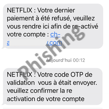 Phishing-SMS an Netflix Kunden mit einem Link und dem Hinweis, dass ein angebliches Einmal-Passwort (OTP) übermittelt worden sei.