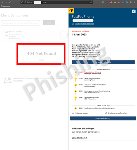 Phshing-Seite ohne Phishing-Link mit Tracking-Unterseite. Das einzige Ungewöhnliche ist die Meldung «404 Not Found» (rot umrandet).