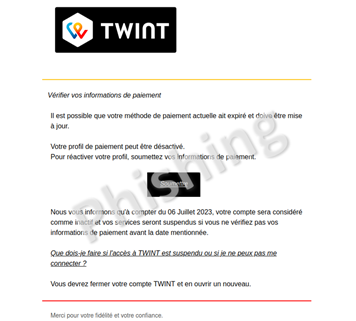 Betrügerische Phishing-E-Mail, bei der TWINT als Absender vorgetäuscht wird. Typischerweise wird gedroht, dass SOFORT reagiert werden müsse. Der Link führt auf die Phishing-Webseite.