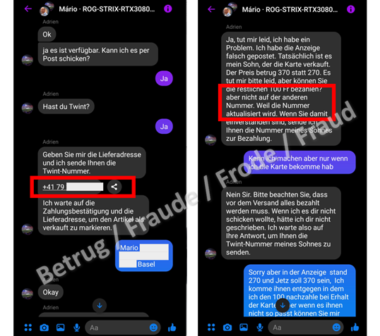 Links der ursprüngliche Kauf der Grafikkarte mit der Telefonnummer des Finanzagenten rot umrandet. Im rechten Bild wird die Erhöhung des Verkaufspreises und der Wechsle des TWINT-Empfängers begründet.