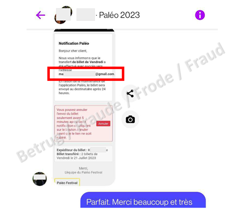 Der Betrüger fälschte einen Screenshot der Paléo-App und übermittelte diesen an den Käufer. Rot eingerahmt die hineinkopierte E-Mail-Adresse.