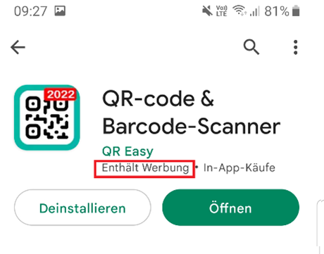 Hinweis, dass der QR-Code Scanner Werbung enthält.