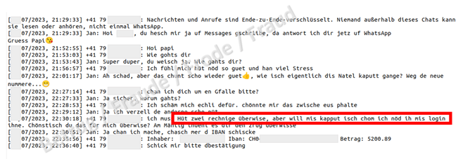 Chat-Verlauf auf schweizerdeutsch mit der angeblichen Tochter. Rot umrandet die Bitte um Bezahlung zweier Rechnungen. Wurde dies mittels KI erstellt oder sind die Betrüger des schweizerdeutschen mächtig?