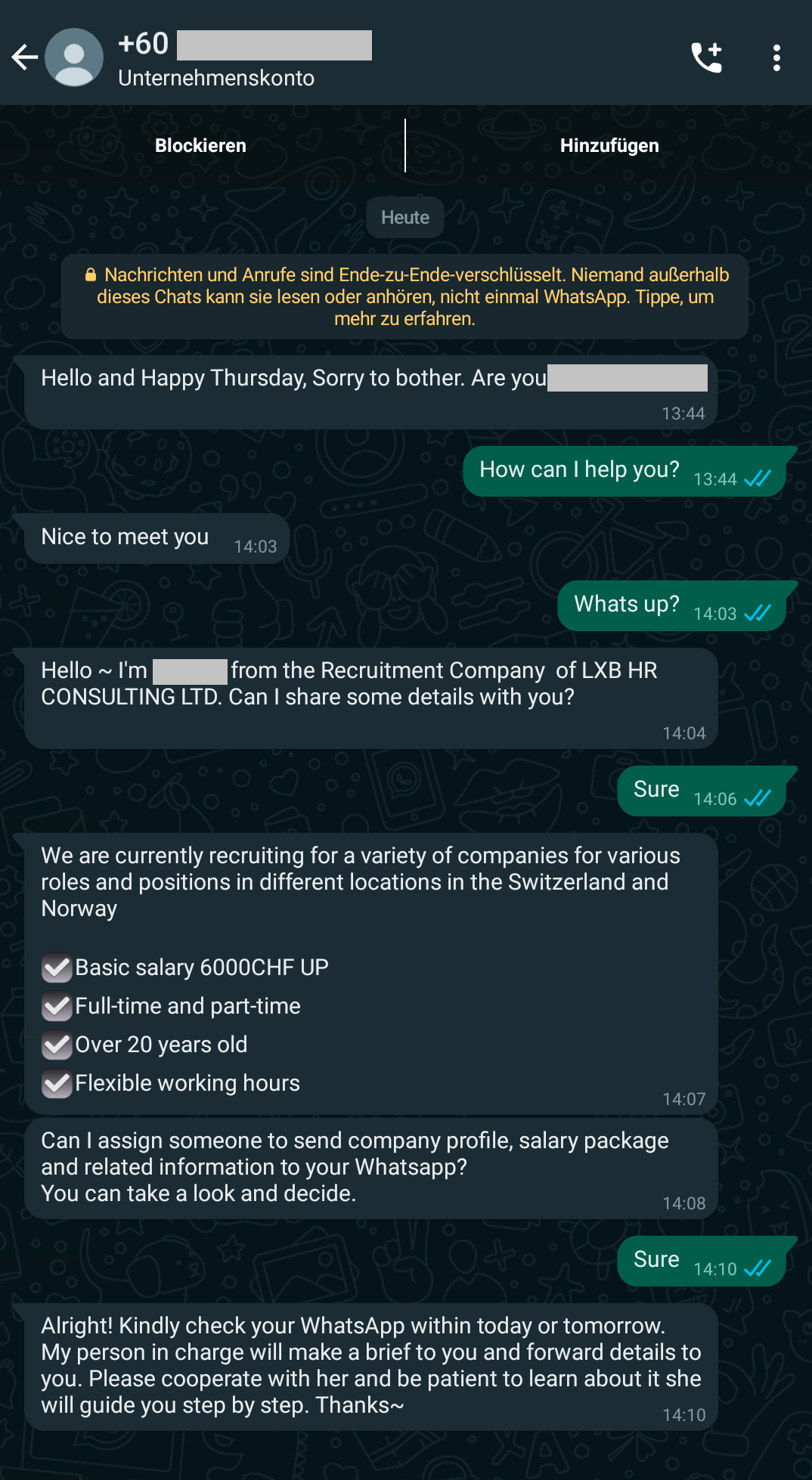 Anwerbeversuch über WhatsApp für ein Fake-Jobangebot