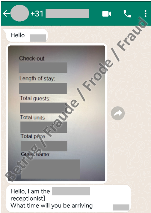 Meldung der vermeintlichen Rezeptionistin über WhatsApp. Als Beweis werden die Buchungsdaten angegeben,