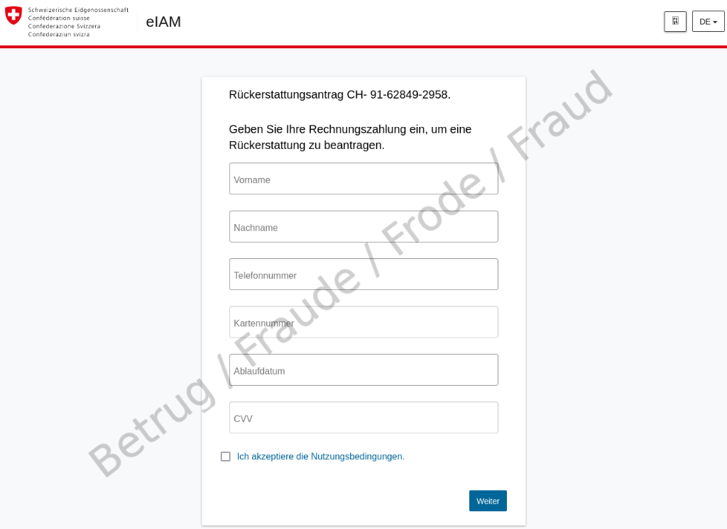 Die Betrüger versuchen über die gefälschte eIAM-Login-Maske an die Kreditkartendaten zu gelangen.