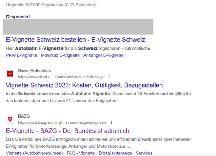 Suchanfrage mit gesponserten Links oberhalb der eigentlichen Resultate, die auf private Anbieter von Schweizer E-Vignetten führen
