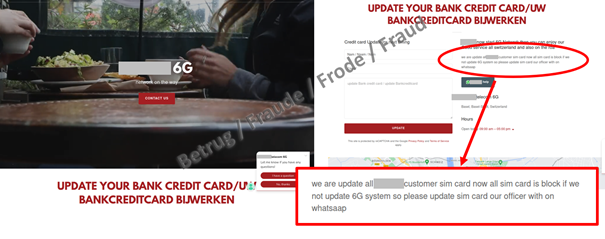 Links die Webseite mit der angeblichen Aufschaltung von 6G (einem Standard, der erst noch entwickelt werden muss). Im rechten Bild die Felder für die Eingabe der Kreditkartendaten. Im roten Rahmen ist vergrössert der Text ersichtlich, wieso für die Kommunikation WhatsApp verwendet werde.