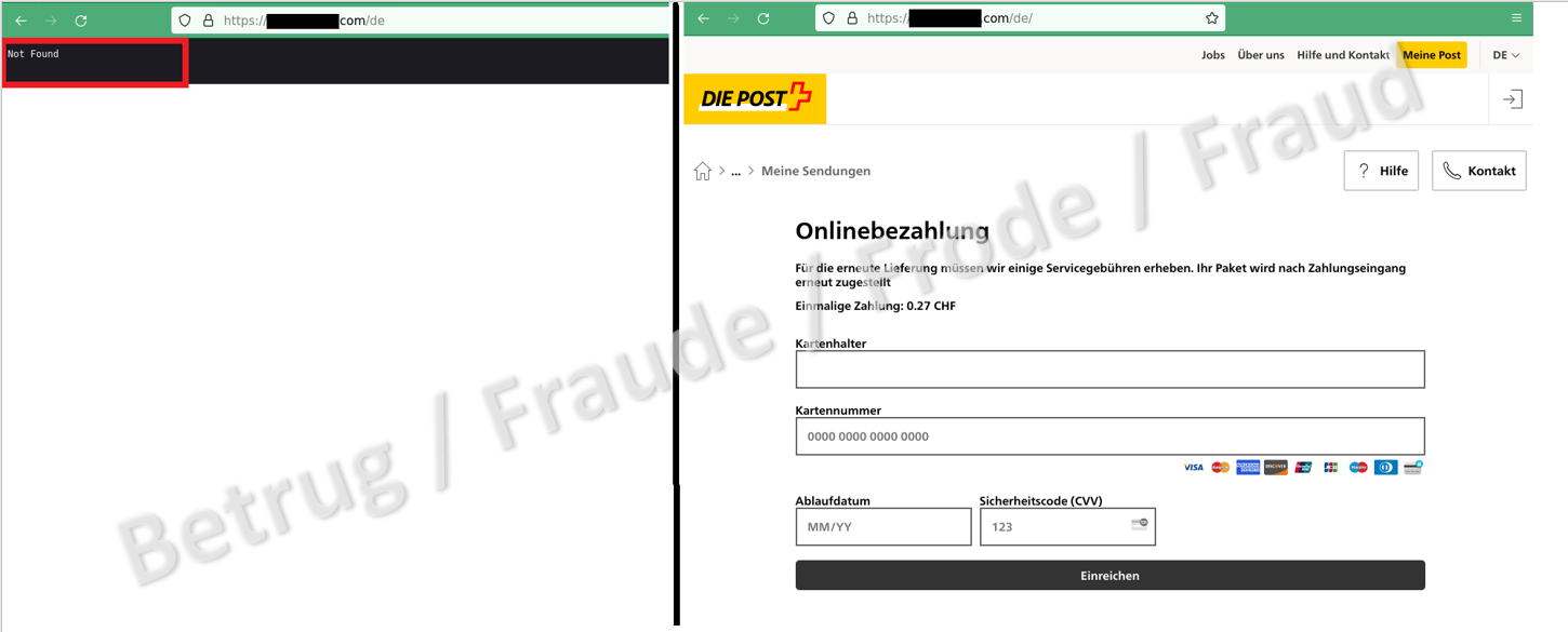 Beim Öffnen der URL mit Windows kann die Seite scheinbar nicht gefunden werden, beim Öffnen mit Android hingegen wird eine Phishing-Seite angezeigt.