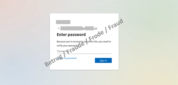 Die Phishing-Seite sieht unverdächtig aus und zeigt das Logo der Gemeinde an. Die E-Mail des Opfers ist bereits vorausgefüllt. Nach Eingabe des korrekten Passworts wird der zweite Faktor abgefragt.