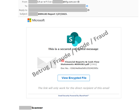 Die Phishing-E-Mail gibt vor, vom Scanner zu stammen und einen verschlüsselten Finanzreport zu enthalten. Der Link führt via Umweg auf die Phishing-Seite.
