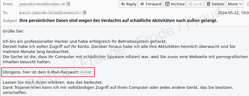 Ausschnitt aus einer Fake-Sextortion Mail mit Passwort