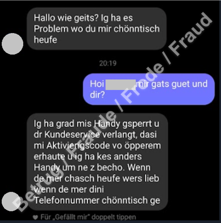 Betrügerischer Whatsapp-Chat in Schweizerdeutsch