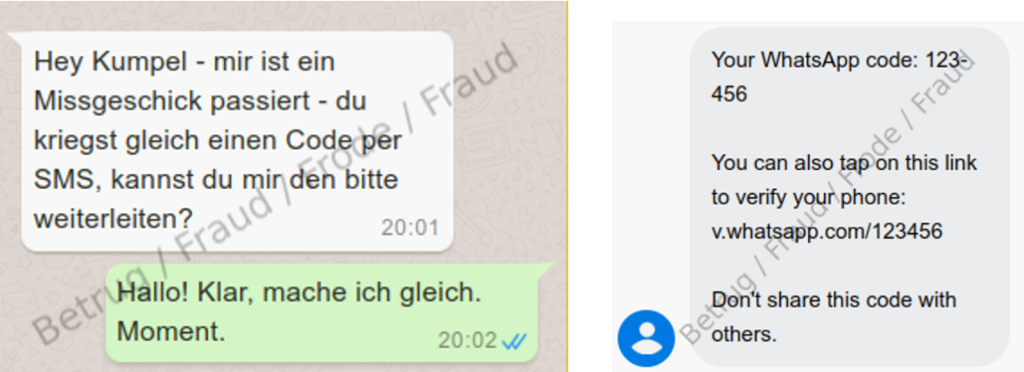 Links die Anfrage eines «Bekannten» den eintreffenden SMS-Code weiterzuleiten. Rechts, der Code, der von WhatsApp gesendet wird, um WhatsApp auf einem neuen Gerät zu installieren.
