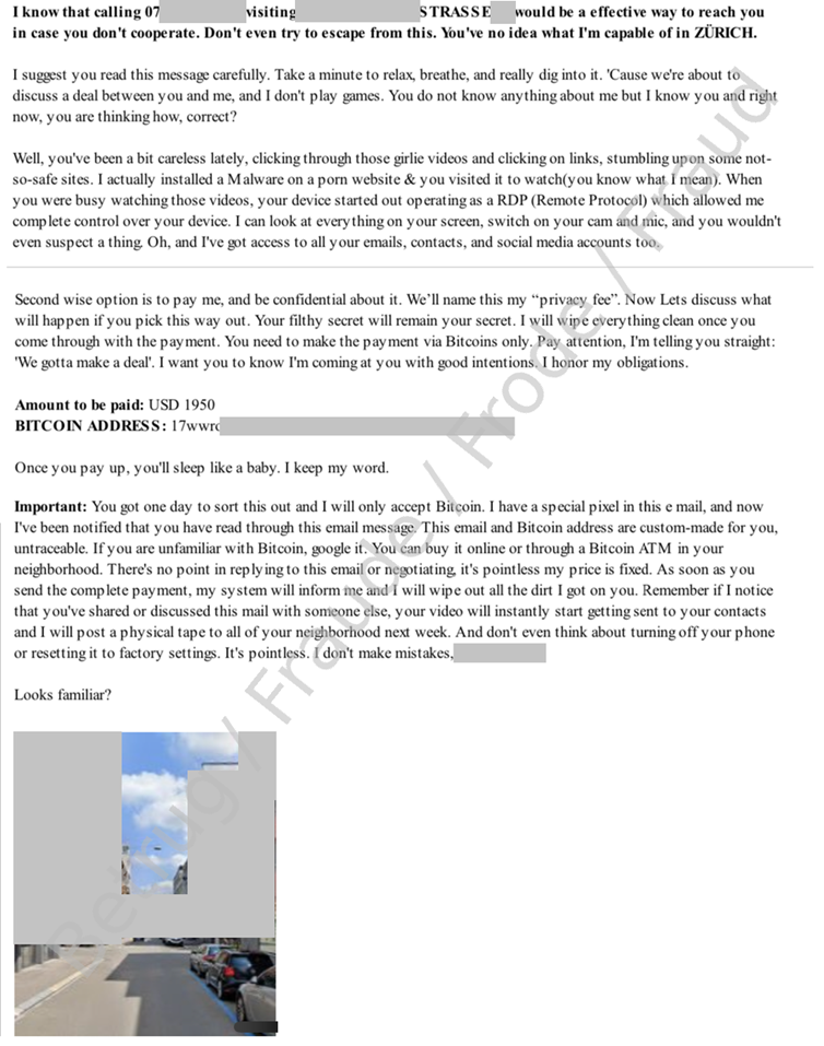 Fake-Sextortion-E-Mail mit Telefonnummer, Adresse und Bild der Wohnadresse auf Google Maps