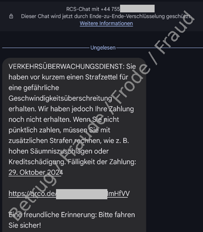 RCS-Nachricht mit angeblicher Busse wegen einer Geschwindigkeitsübertretung, die bezahlt werden soll