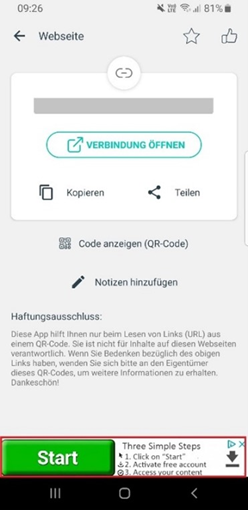 QR-Code-App, welche im unteren Bereich Werbung einblendet. Der Knopf «Start» ist sehr prominent und verleitet gestresste Benutzerinnen und Benutzer statt des richtigen Links, den Link der Betrüger anzuklicken.