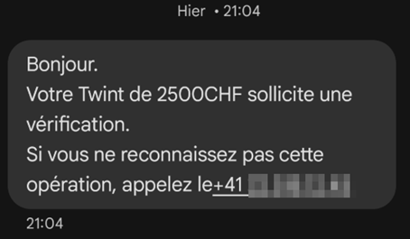 Textnachricht, welche vorgibt, dass eine TWINT-Zahlung ausgelöst worden und eine Verifikation notwendig sei.