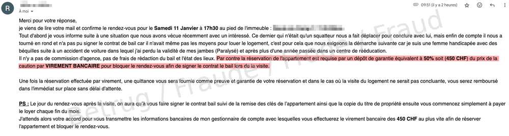 Französisches Beispiel: Nach zwei E-Mails wird man aufgefordert, 50 % der Kaution anzuzahlen, um eine Besichtigung zu vereinbaren.