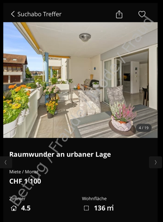 Betrügerische Anzeige auf einem Immobilienportal für eine 4.5 Zimmer Wohnung im Kanton Zürich für CHF 1100 pro Monat. 