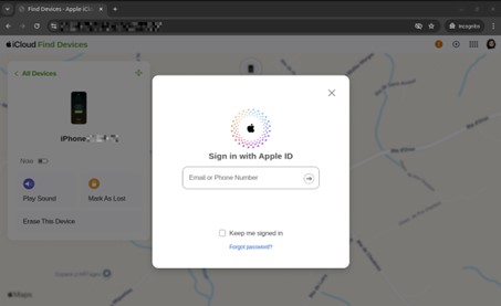 Phishing-Seite, die nach den Apple-ID Zugangsdaten fragt und im Hintergrund den angeblichen Standort des verlorenen iPhones anzeigt. 