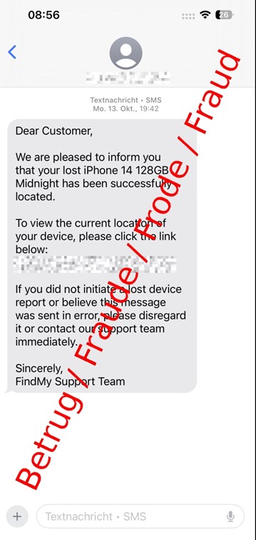 Betrügerische SMS, die vorgibt, von Apple zu stammen und einen Link enthält.