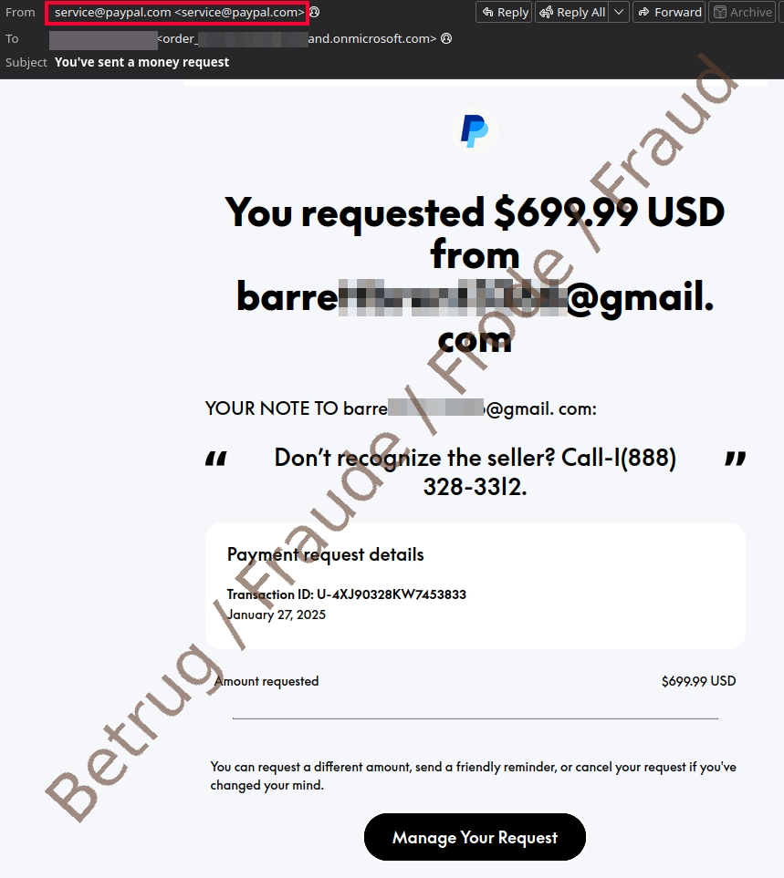 Nachricht von Paypal mit betrügerischem Hintergrund