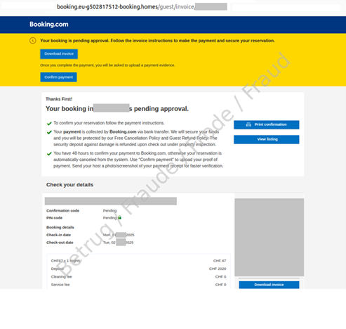 Buchungsbestätigung im Stil von booking.com. Um die Bestätigung abzuschliessen, soll der geforderte Betrag auf die angegebene IBAN überwiesen und der Beleg auf die Seite hochgeladen werden.